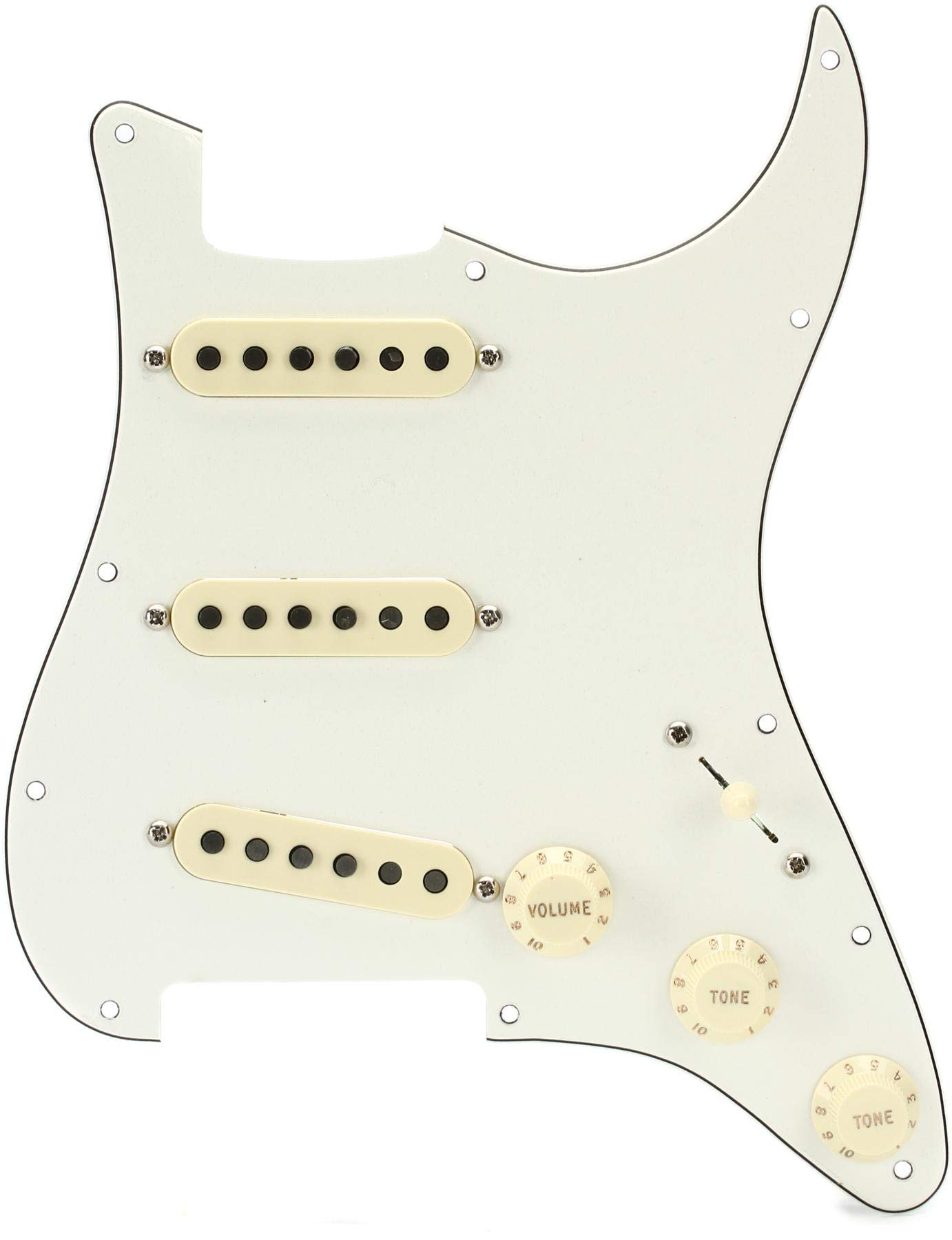 Pre-Wired Strat Pickguard with Tex-Mex Pickups, SSS Configuration, Alnico 5 Magnets, Easy Installation, Parchment White