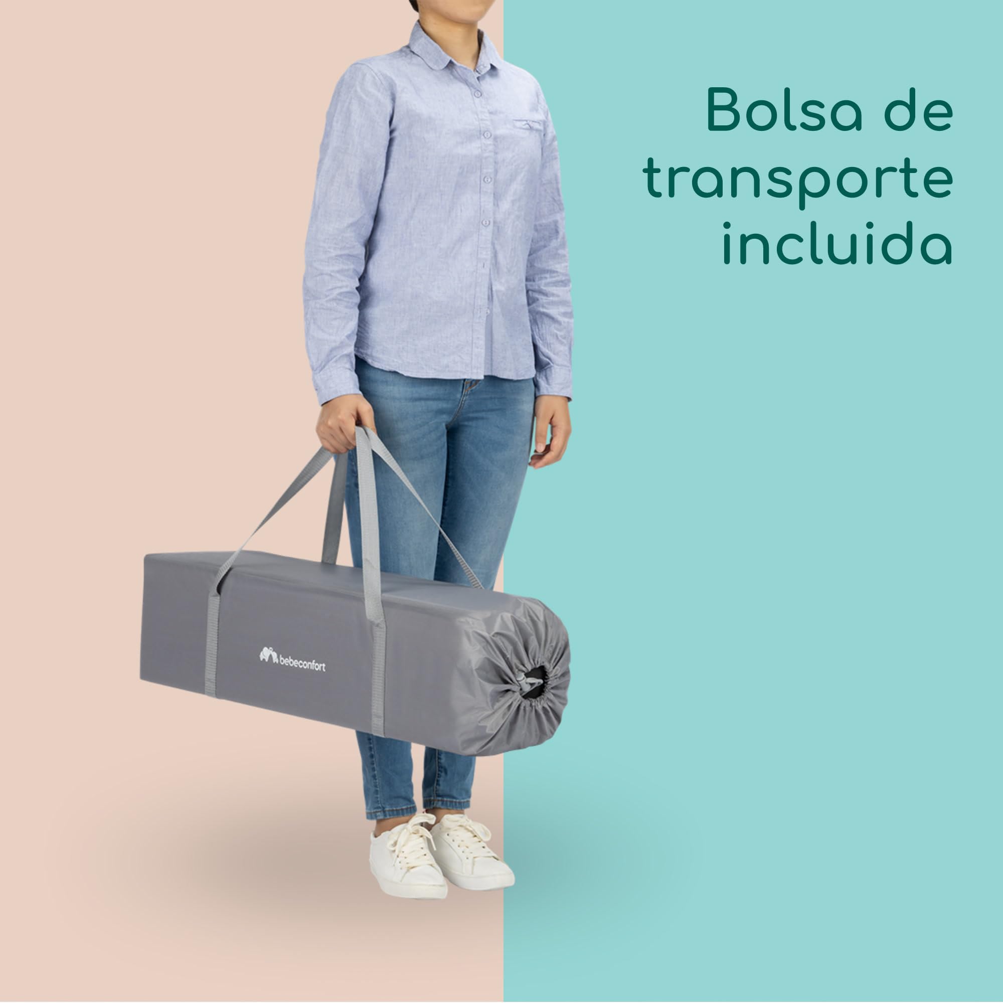 Bebeconfort Sweet Dreams, Cuna de viaje, 0-3 años (0-15 kg), Cuna de viaje ligera y lista para viajar, Colchón grande acolchado, Ventana de entrada lateral, Cierre compacto fácil, Mineral Gray