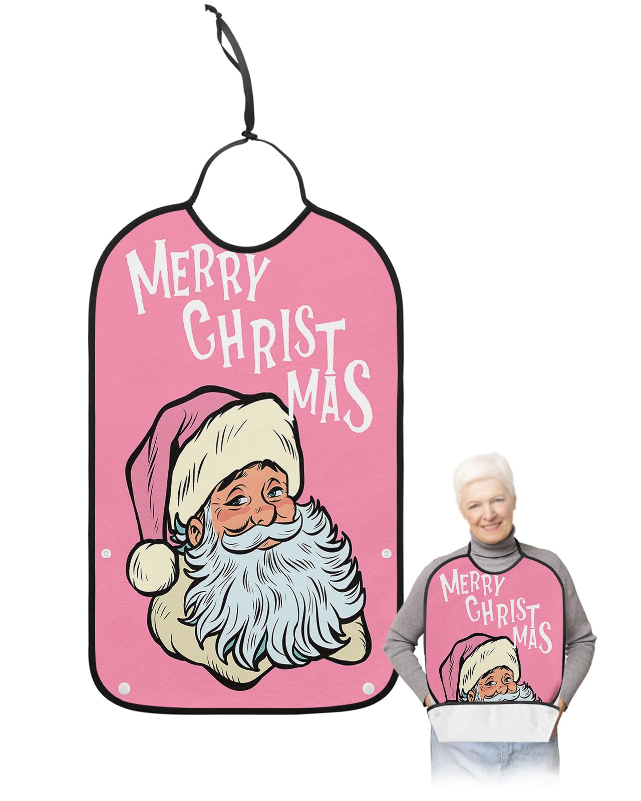 Jolunifun Xmas Santa Claus Adult Bib for Adults Men, Women, Washable & Adjustable Terry Cloth Bib with Crumb Catcher Reusable Waterproof Clothing Clothes Protector Apron Merry Christmas Blush Pink