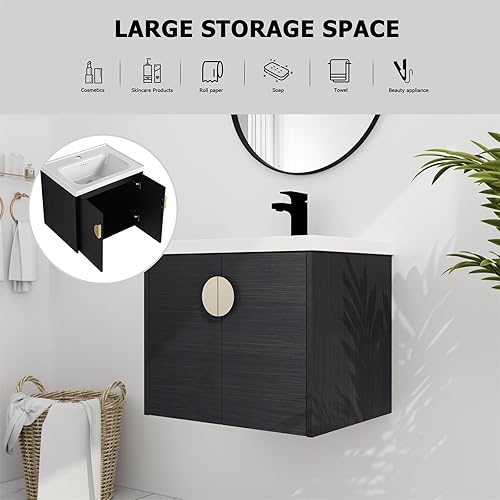 Miniatura 6 de Henf Vanidad de baño, 24 pulgadas, montaje en pared, moderno, negro, encimera de cerámica, puertas dobles, flotante, mango dorado