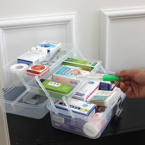 Miniatura 9 de BangQiao Bandejas de 2 niveles, caja organizadora de contenedores de almacenamiento de plástico gris transparente, funda de transporte portátil