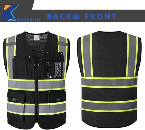 Miniatura 5 de Chaleco de seguridad de alta visibilidad para hombres y mujeres con 9 bolsillos y cremallera frontal de malla reflectante, chaleco de trabajo de