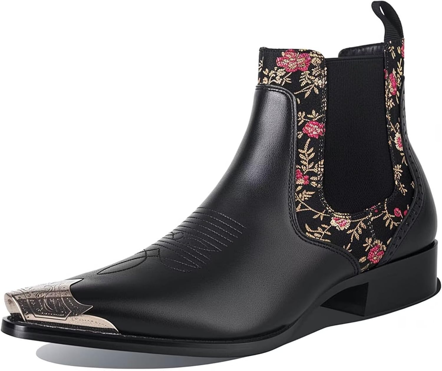 Men's Chelsea Boots with Floral Jacquard Fabric and Silver Toe Cap Slip On Dress Bo...