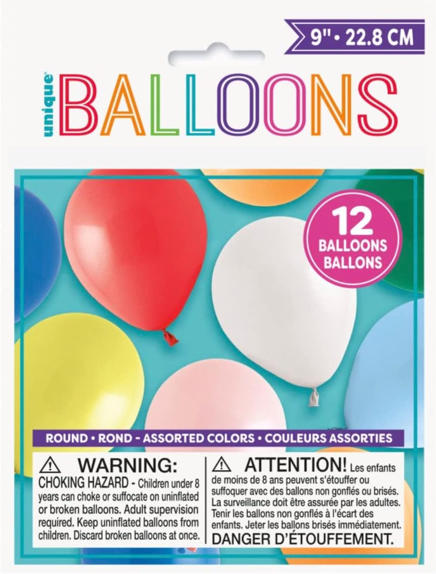 Unique Round Latex Balloons, 9", Assorted Colors