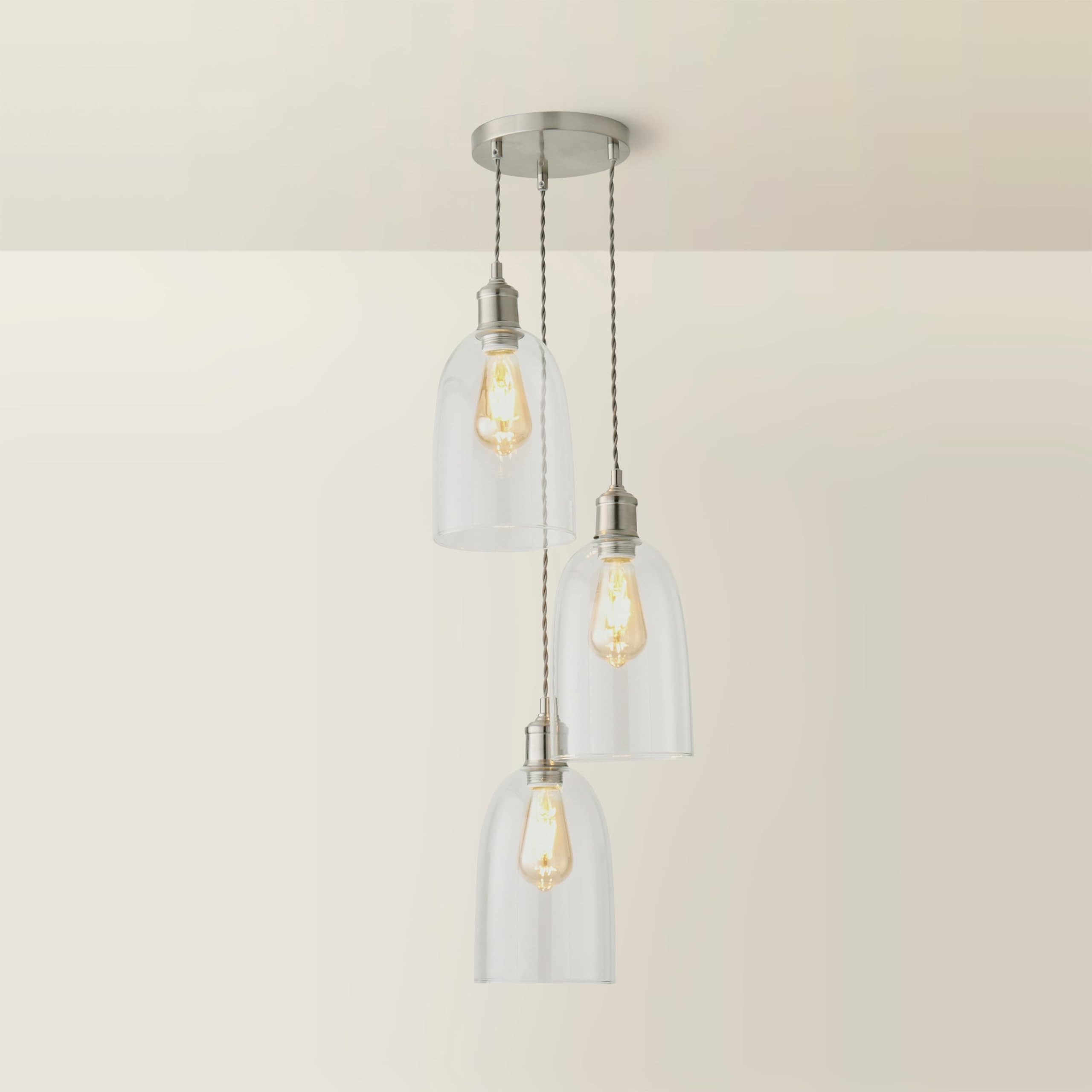 ValueLights | Kira Glass Cloche Dome 3 Drop Cluster Brushed Chrome Ceiling Pendant Light | Pendent Light, Home Décor & Improvement Essential | Includes Full Wired Fitting