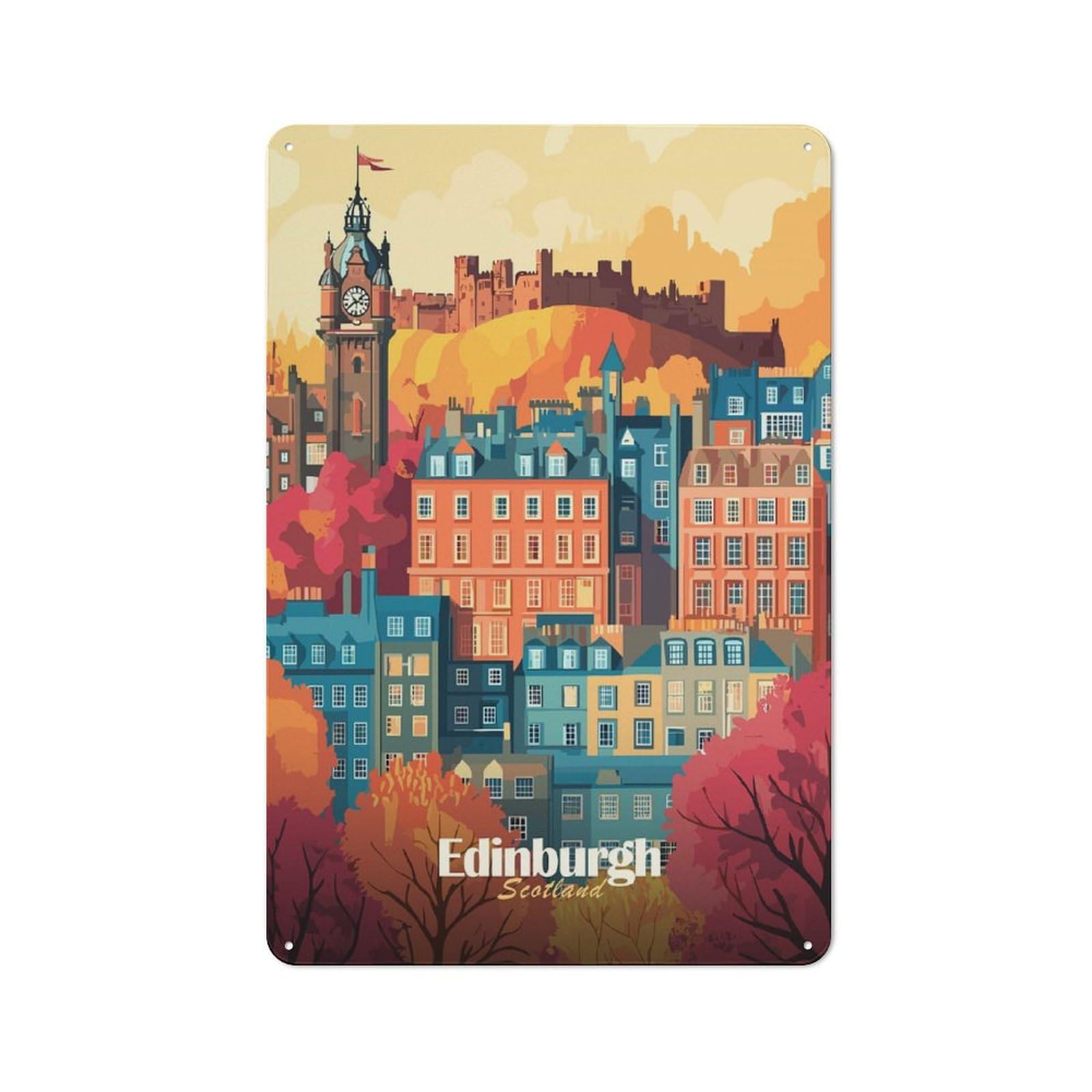 Classic Edinburgh Cityscape(2) Metal Wall Plaque 30x20cm, Nostalgic Wall Art for Living Room, Hallway, Kitchen Or Cafe
