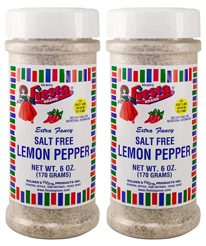 Bolner's FiestaSalt-Free Lemon Pepper, 6 Ounce Shakers (No MSG Blend, Pack of Two - 12 Ounces Total)