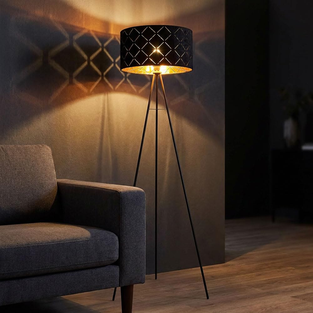LED Stehlampe Stehleuchte Beistelllampe Wohnzimmerlampe Schlafzimmerleuchte Stativleuchte, 3 Beine textilschirm schwarz gold, 9W 810 lm warmweiß, DxH 69x149cm