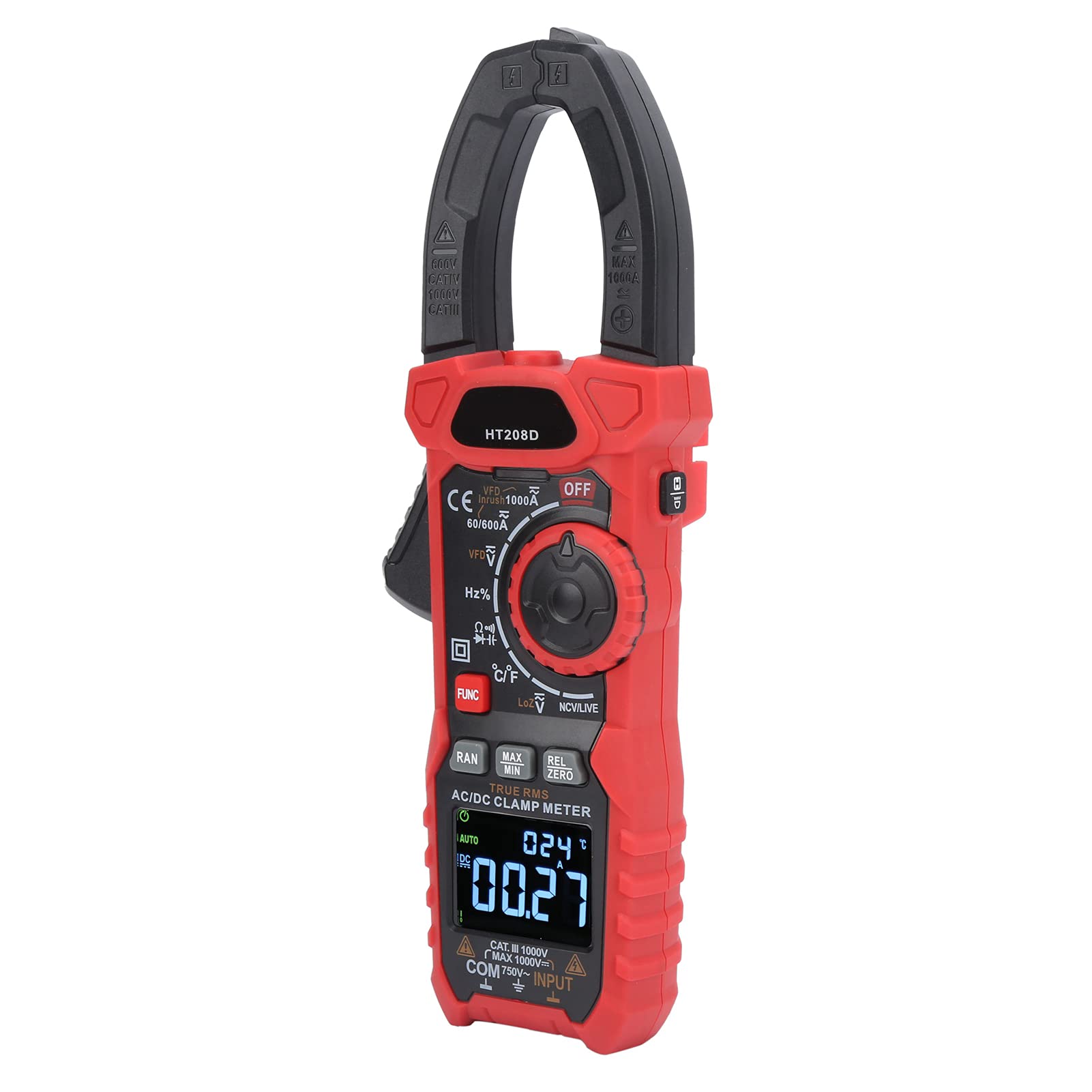 Medidor de Abrazadera Digital de Conteo HT208D 6000, 1000A AC DC Probador de Voltaje de No con NCV de Retención de Datos de Pantalla LCD, para el Hogar de Medición de Campo de