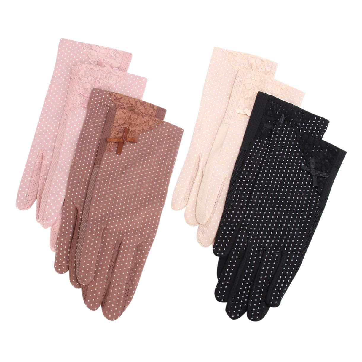 BESTYASH 4pairs Women Lace Sunscreen Gloves Uv Thin Mittens for Activities Breathable Design Black Beige Coffee Light