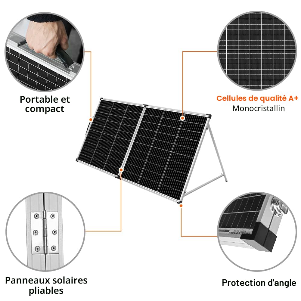 DOKIO Panneau Solaire Portable 200W monocristallin avec régulateur de charge recharge des batteries 12V et des générateurs