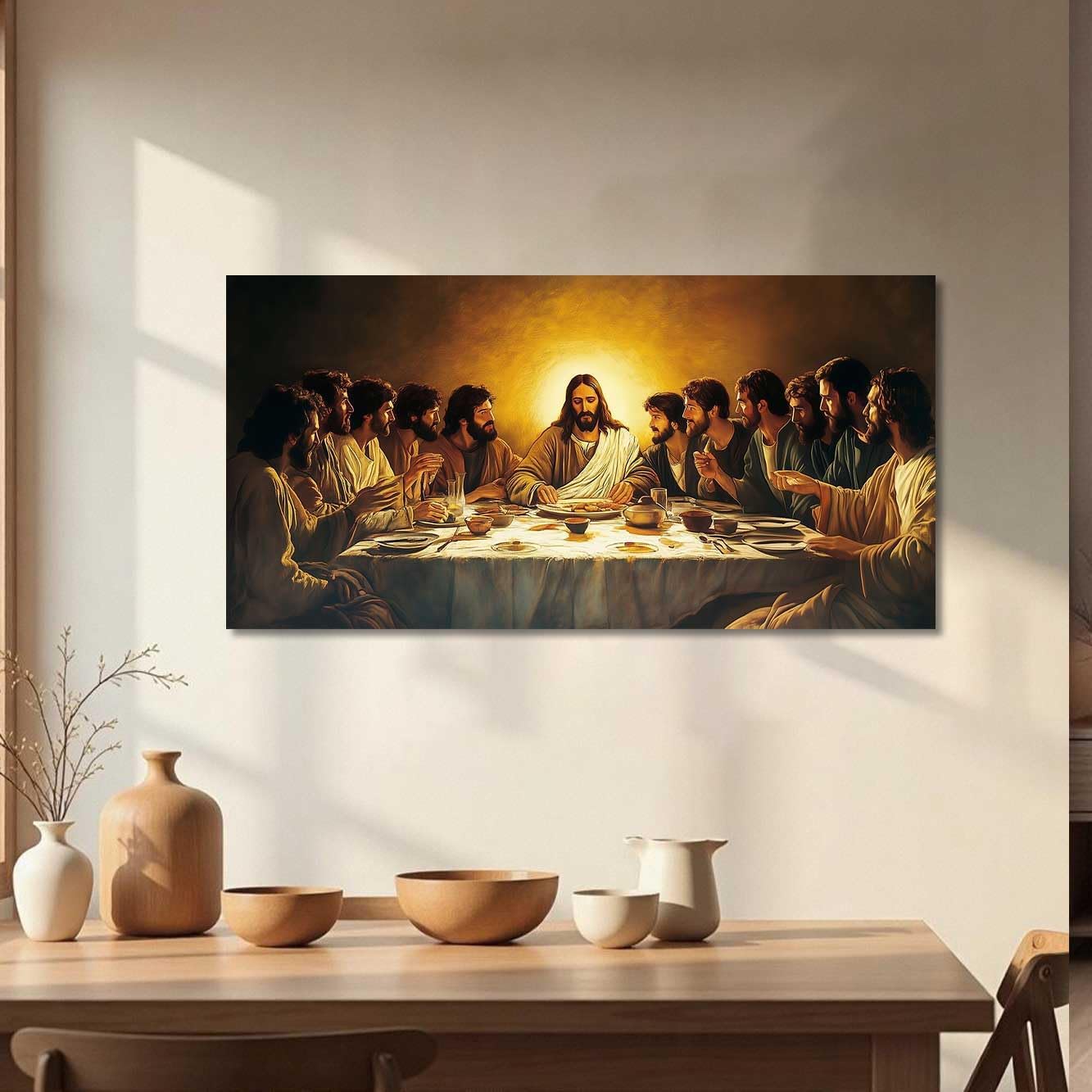 XLMDYYSW The Last Supper Wall Art Christian Wall Decor Jesus Pictures Bible Story Canvas Prints Religious Paintings for Dining Room Living Room Home Framed (Brown, 12L x 24W)