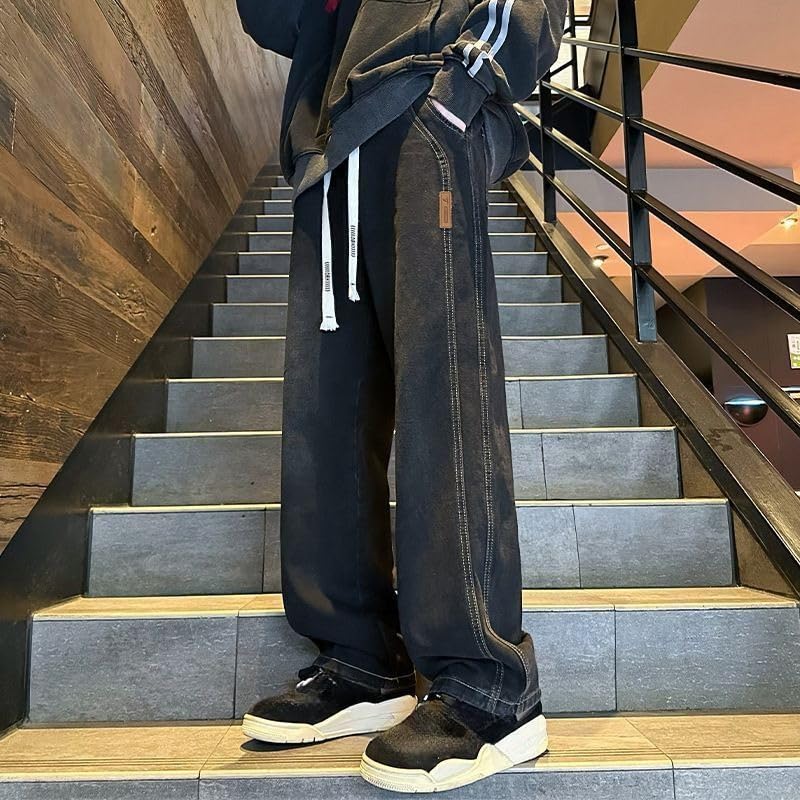Men's Casual Jeans Baggy Y2K Drawstring Elastic Waist Straight Leg Denim Pants Hip Hop Streetwear for Men4
