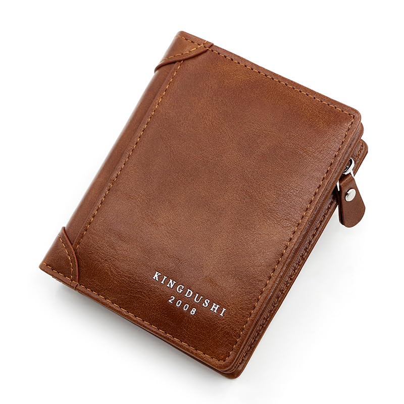 Carteira Masculina Vertical Kingdushi Em Couro Com Zíper + Porta Moeda Com Vários Compartimentos (Marrom)