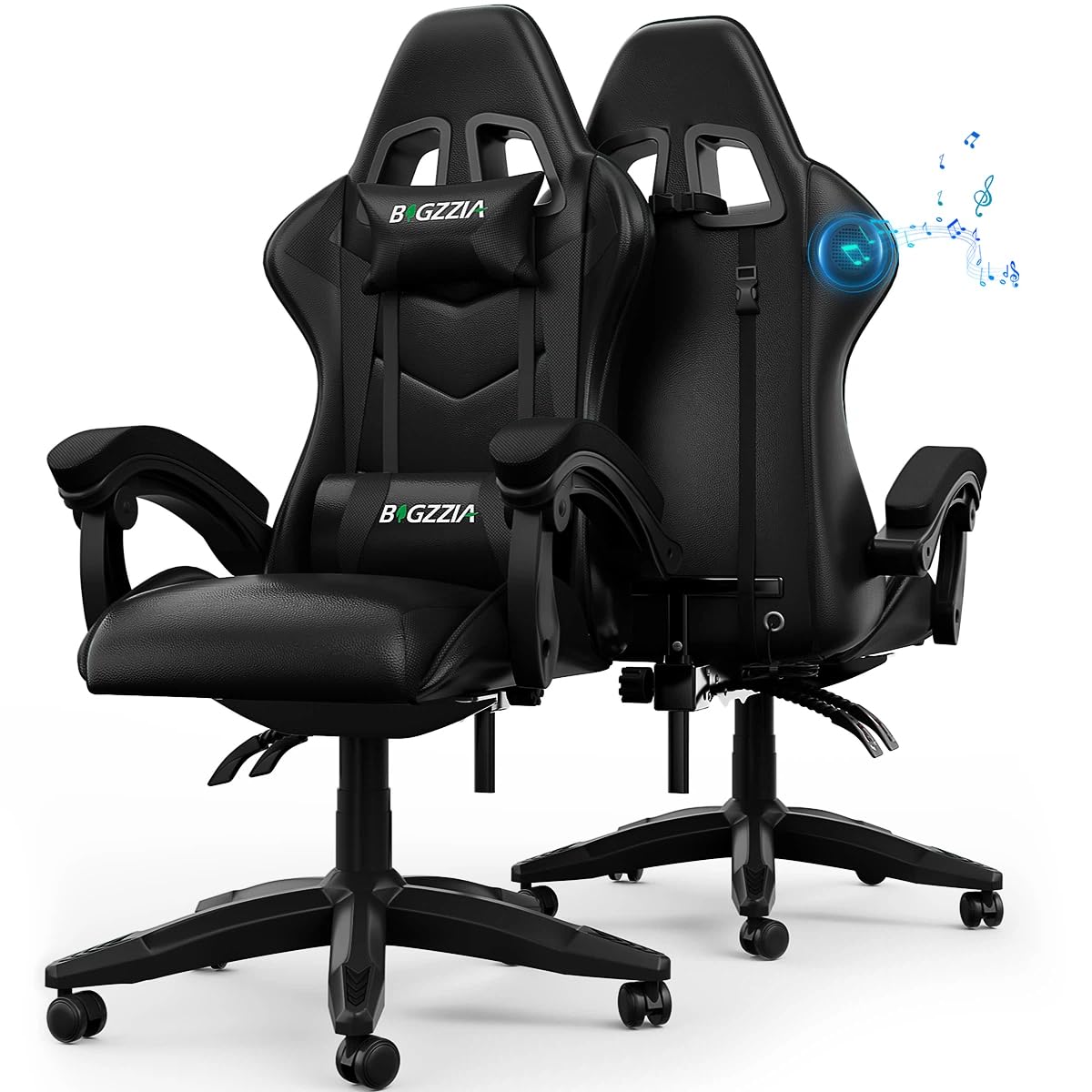 bigzzia Ergonomic Gaming Chair with Speakers - Gamer Chairs with Lumbar Cushion + Headrest, Height-Adjustable Office & Computer Chair for Adults (with Bluetooth Speaker, Black)