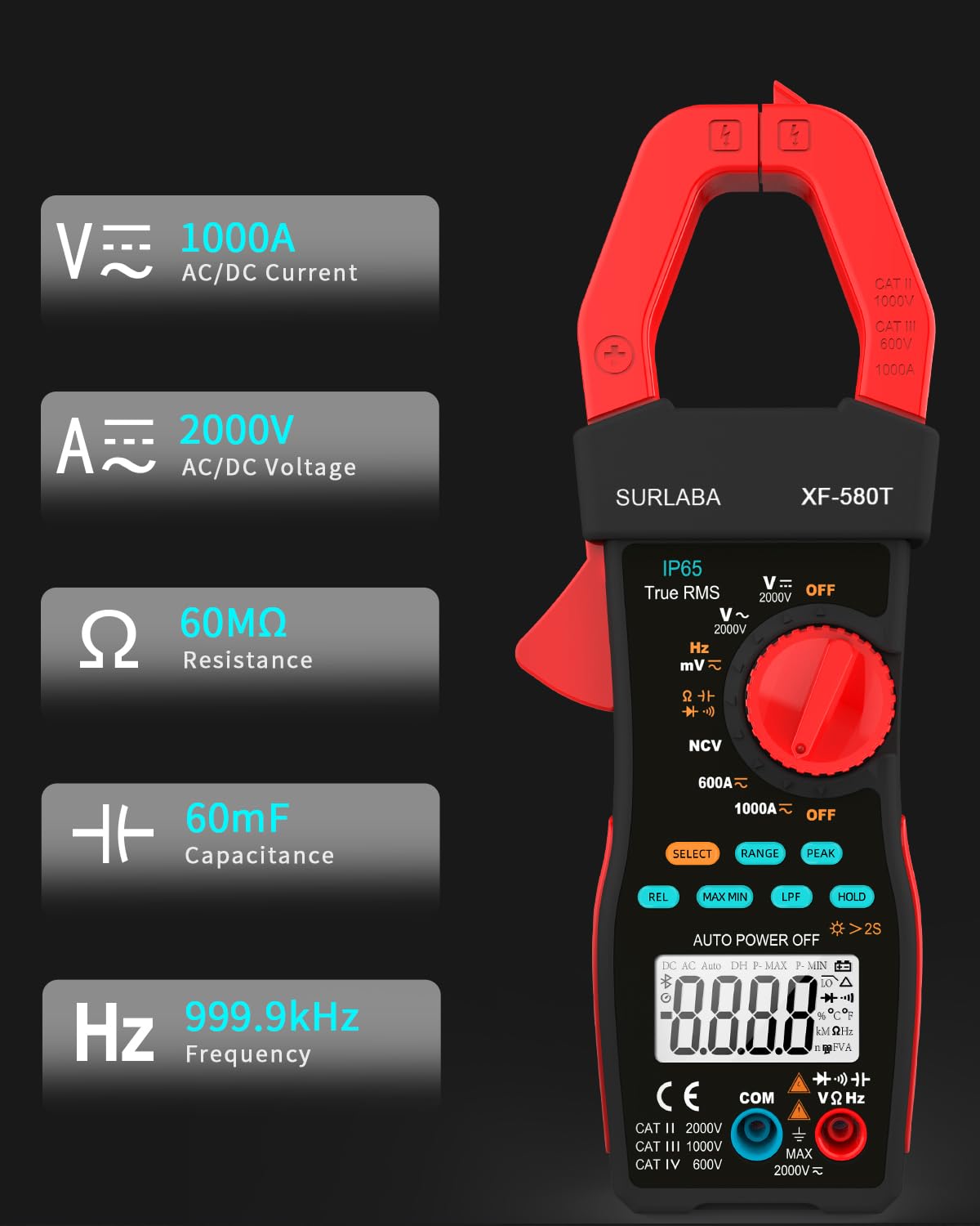 Digitales Zangenmessgerät 1000A/2000V AC DC Strom Spannung LPF Multimeter 6000 Zählungen, TRMS NCV Amp Volt Widerstand Kapazität Frequenz Durchgangsprüfer für Photovoltaik-Industrie