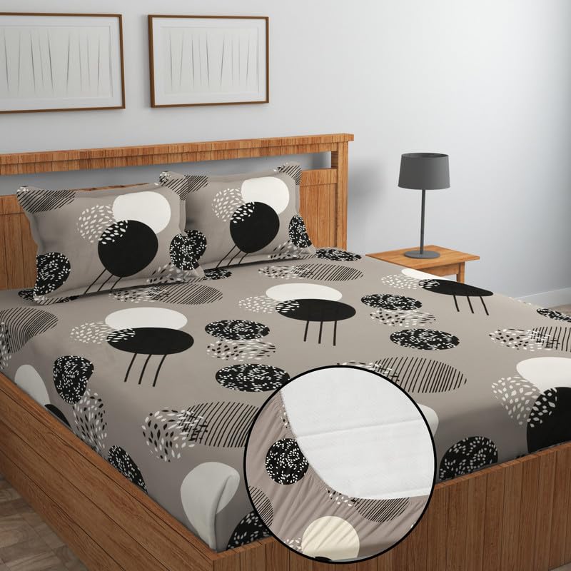 Image of NHD HOME Premium Cotton Elastic Fitted Bedsheets with 2 Pillow Covers Double Bed All Around Elastic Supersoft Size - 72 x 78 +10 inches Grey & White 200 tc - 220 tc