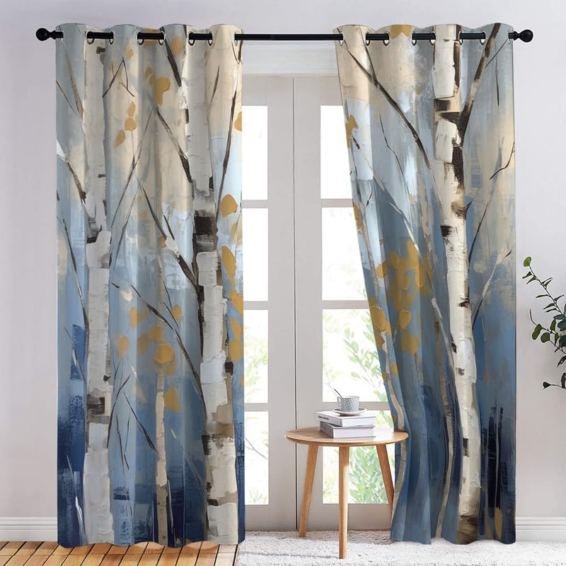 Rideau Occultant Bouleau, Rideau Isolant Thermique pour Salon Chambre, Rideaux Motif Arbre, Rideau Opaque à Oeillets, Lot de 2 Rideaux et Draperies Intérieurs 140x240 cm (LxH)