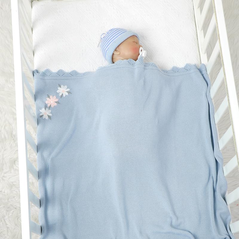 LAWKUL Baby Blanket 100% Traceable Cotton Knit Receiving Blankets Infant Swaddle for Newbron Boy Girl 100X80cm (Blue Floral) - Image 3
