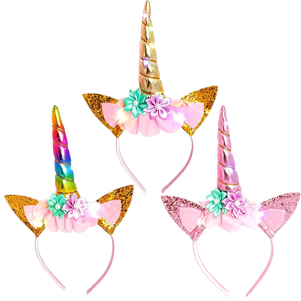 HATFRYF 3 Pcs Unicorn Headband Glow, Unicorn Headbands for Girls, Ears Headband Rainbow Color, Rainbow Horse Horn Ears Flower Headbands, for Party Birthday, Cosplay and Festivals