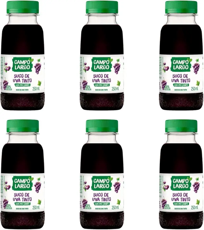 Suco Integral Campo Largo Uva Tinto 250ml – Kit com 6 Unidades | 100% Suco de Uva | Sem Adição de Açúcar | Bebida Natural