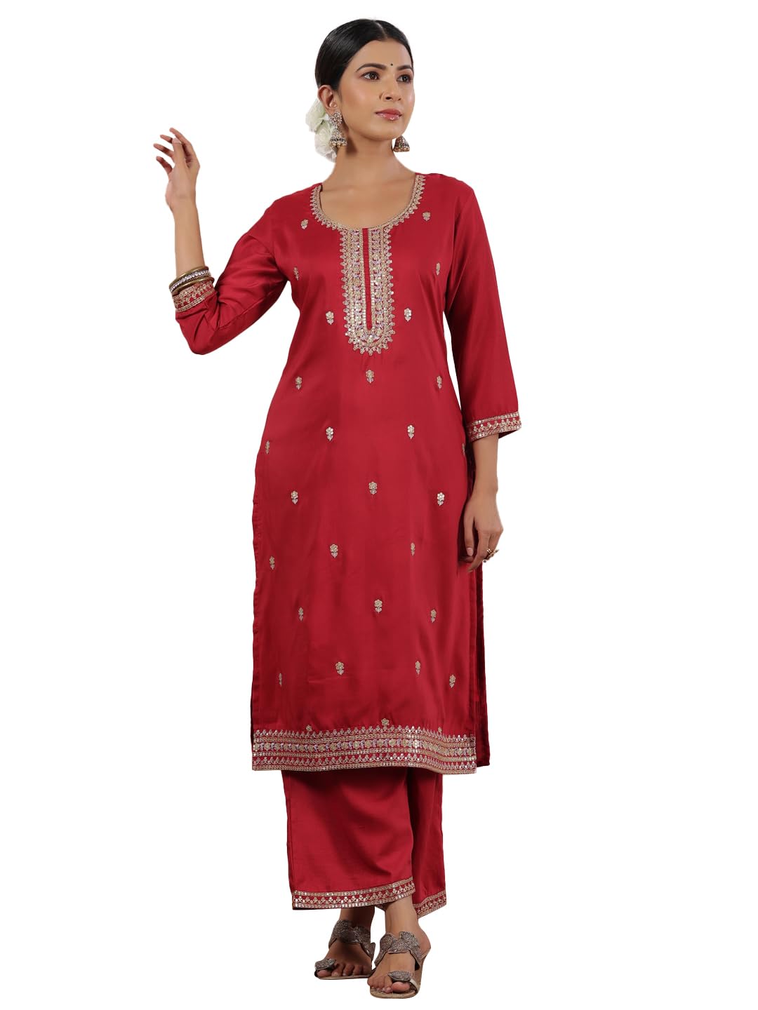 Ishin Women's Fuchsia Zari Work Ethnic Motifs Poly Silk Straight Kurta