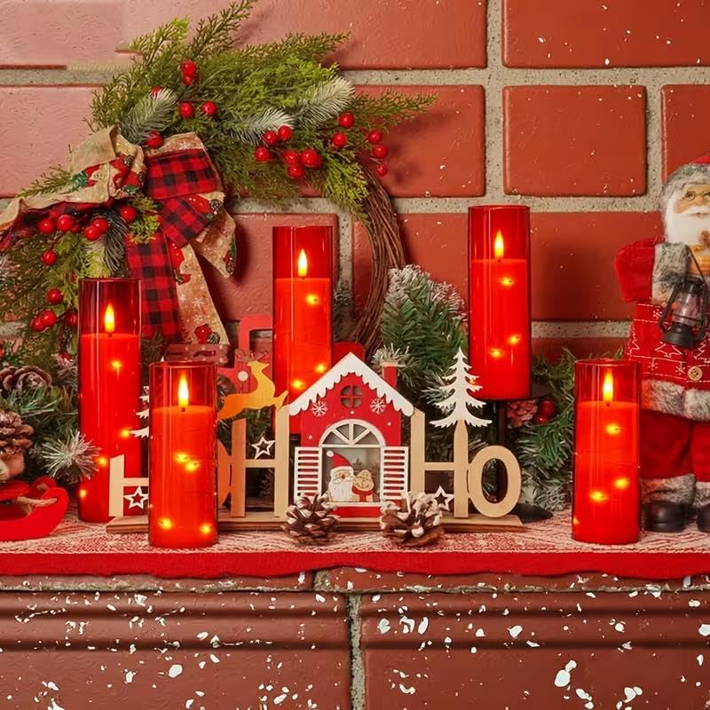 Image of Enido 10 Pc Flameless LED Candles with Remote & Timer, Battery Operated Acrylic Pillar Set, Flickering Electric Lights with Embedded Star String for Cozy Home & Holiday Romantic Decor (Matte Red)