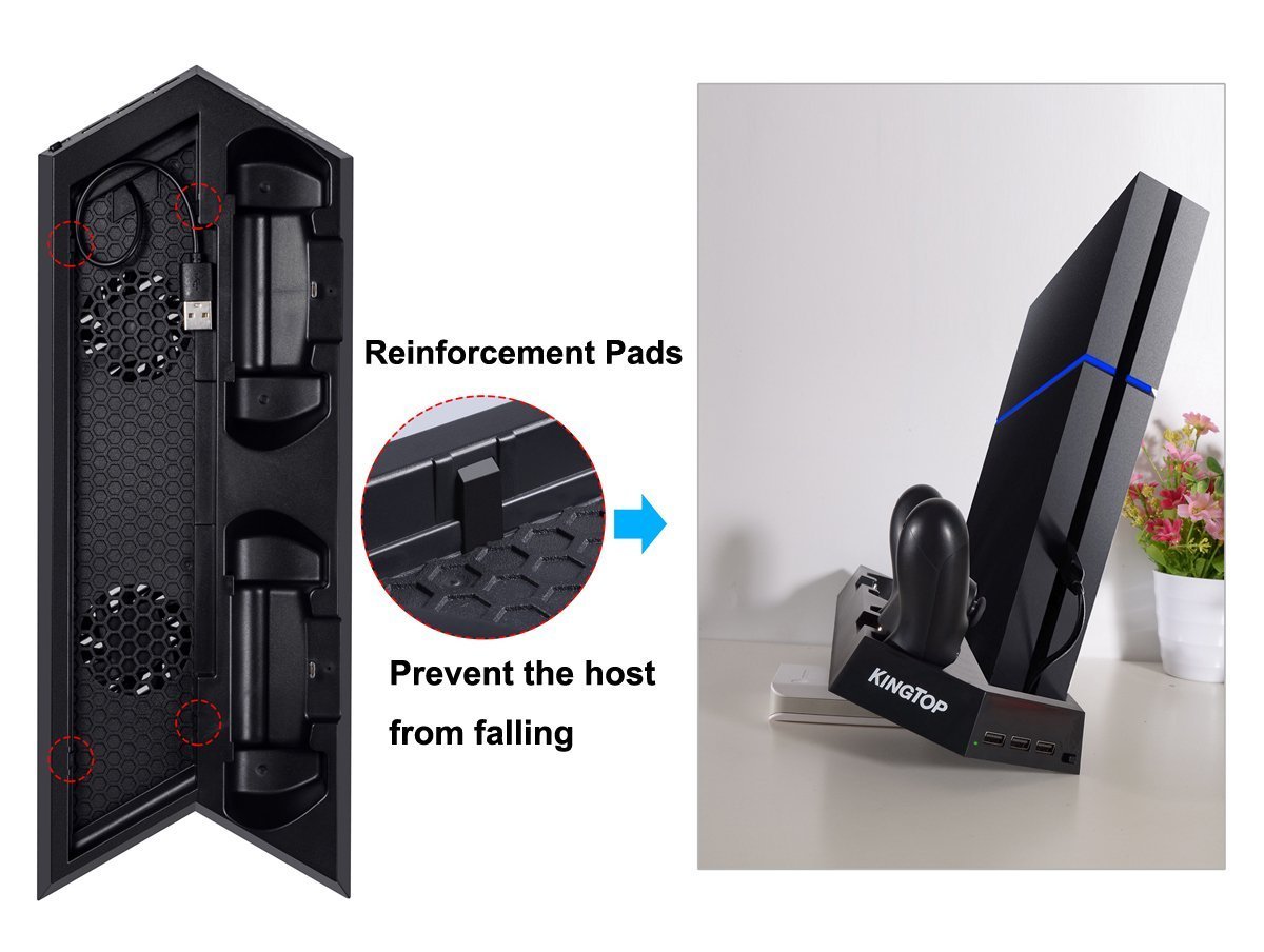 KINGTOP Soporte Vertical PS4 con 2 Ventiladores de Refrigeración, y 2 Estaciones Carga Mando, Carga USB con Indicadores LED para PS4/PS4 Pro/PS4 Slim
