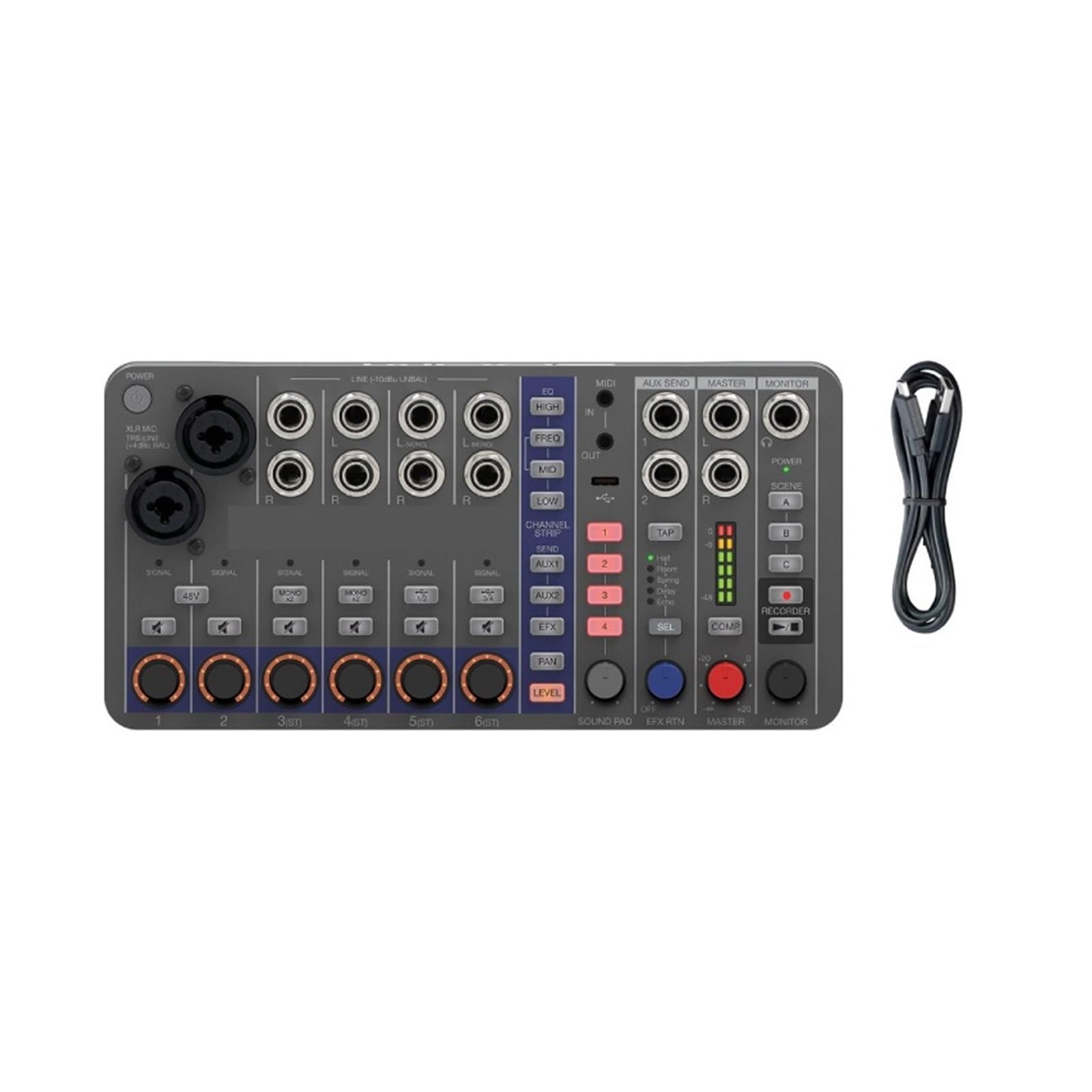 Controladora DJ, Mezclador/grabador digital, alimentado por batería, 32 bits flotantes, 10 canales, 2 entradas combinadas + 4 estéreo, MIDI, efectos
