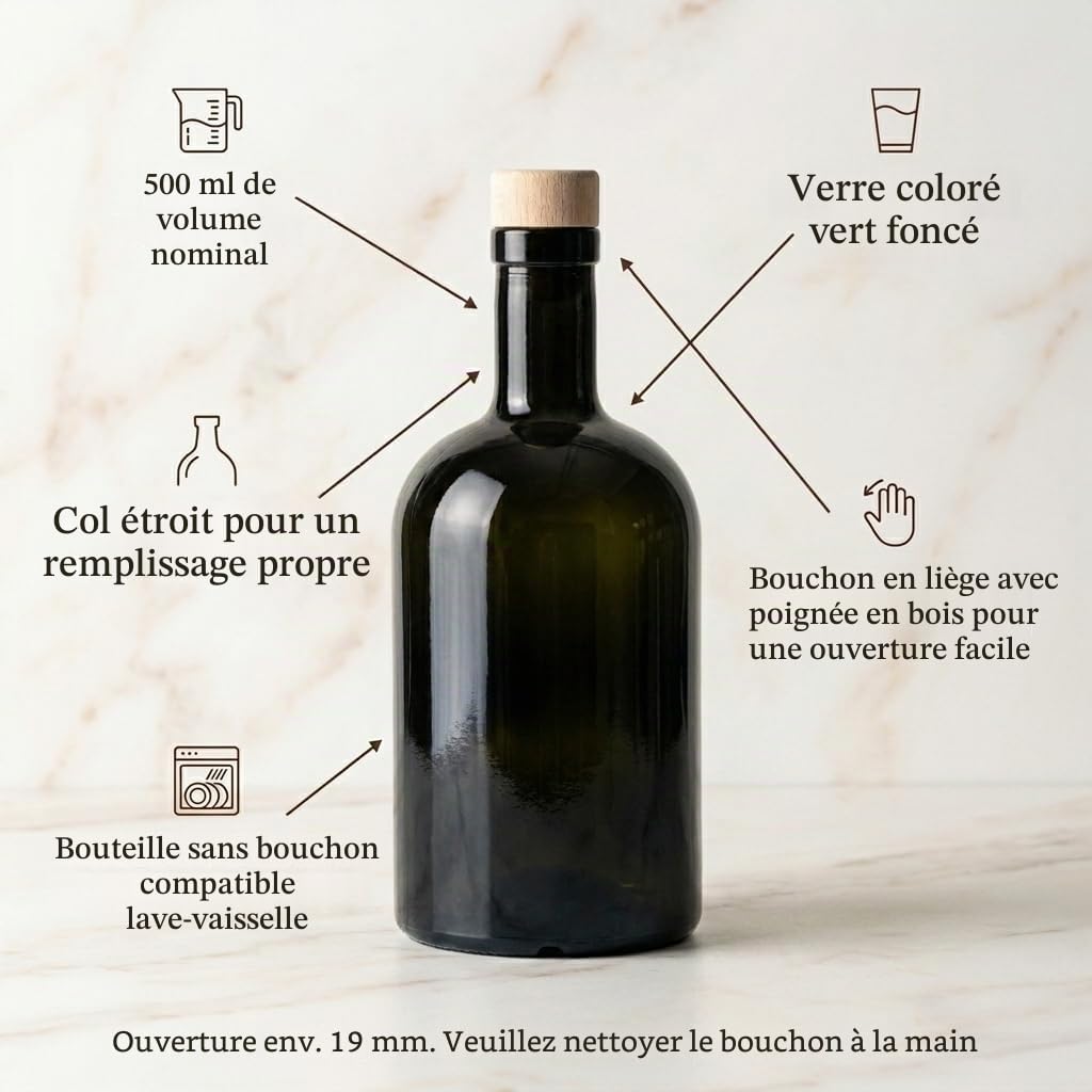 gouveo Lot de 12 bouteilles en verre 500 ml classic antique avec bouchons (HGK) - bouteille vide 0,5 l en verre à remplir - bouteille en verre pour liqueur, gin, huile, vinaigre (KFA500HGK)