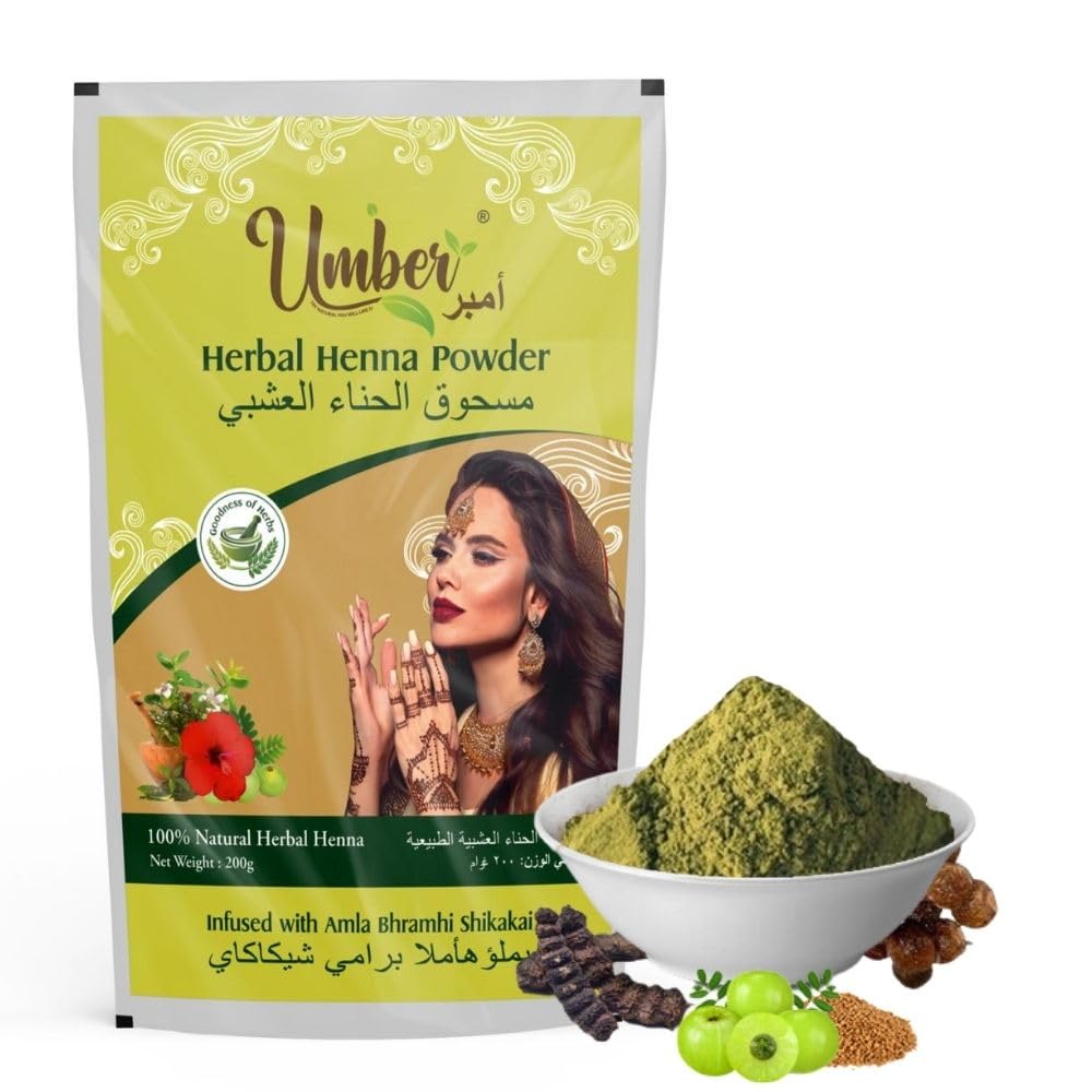 Umber Pure and Natural Henna Powder for Hair with Herbals (Amla, Bhringraj, Brahmi, Aritha, Shikakai, Neem) - 200 gms