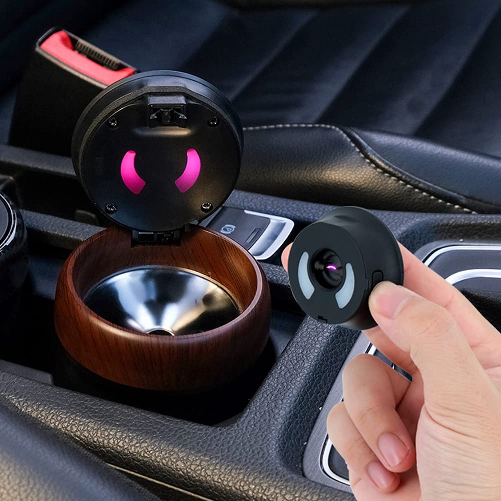 Portable Ashtray for Car, Auto Ashtray Cigar Electronic Cigarette Lighter, Smokeless Ashtray Detachable Lighter Car Ashtray with LED Light, Ash Tray for Vehicle Cup Holder (Wood)