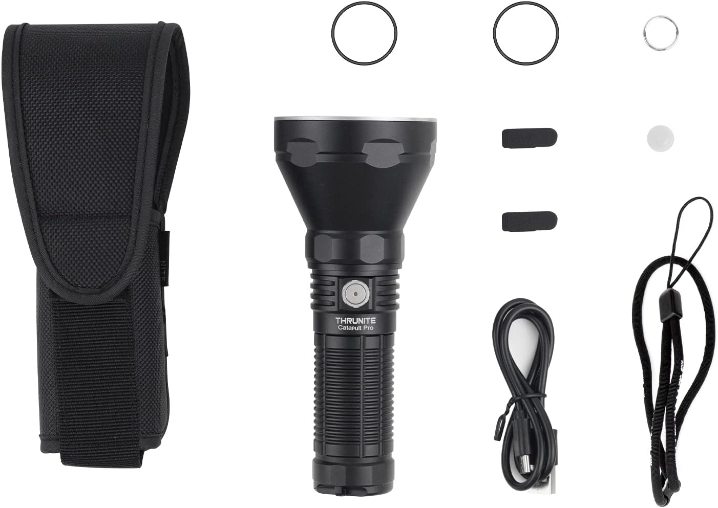 Contents of the ThruNite Catapult Pro package including flashlight, holster, charging cable, and spare O-rings