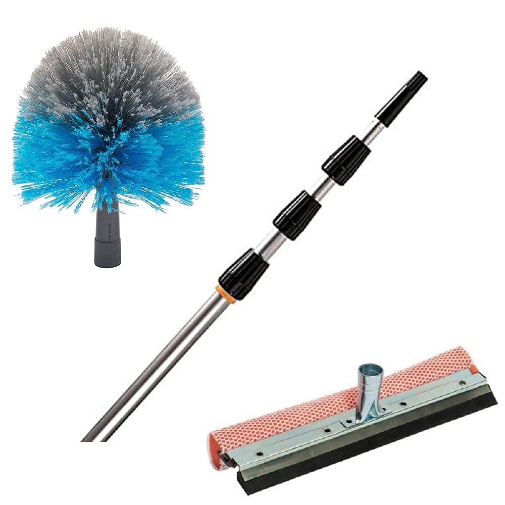 Kit Pulizia vetri e ragnatele, Tergivetro, Ragnatore, Asta Telescopica Alluminio metri 8 manico allungabile