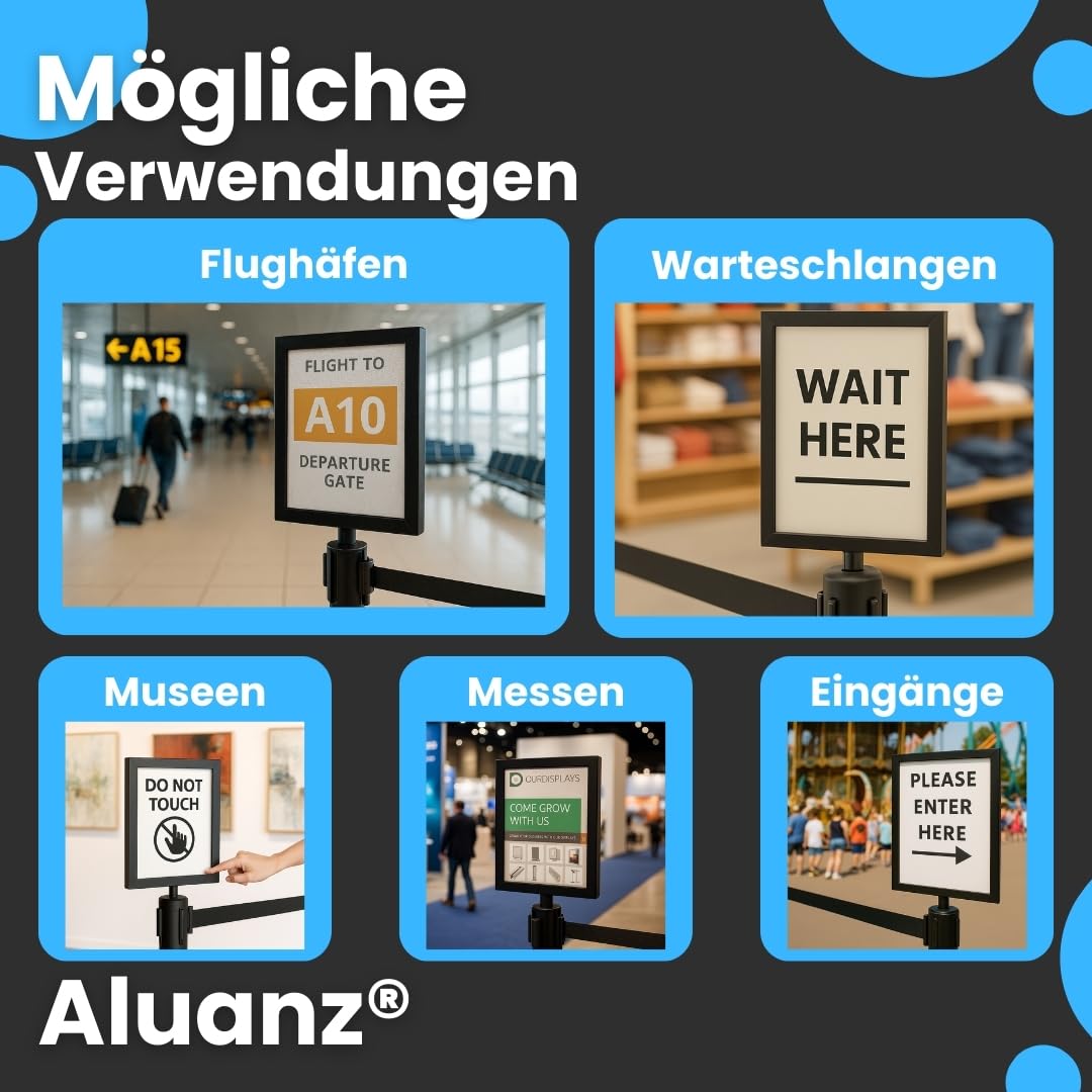A4 Schilderhalter für Absperrpfosten, Horizontal, 2 STÜCK Doppelseitiger Schilderrahmen Infoständer mit Acrylglas, Geeignet für Absperrpfosten bis 63 mm - Mattschwarz