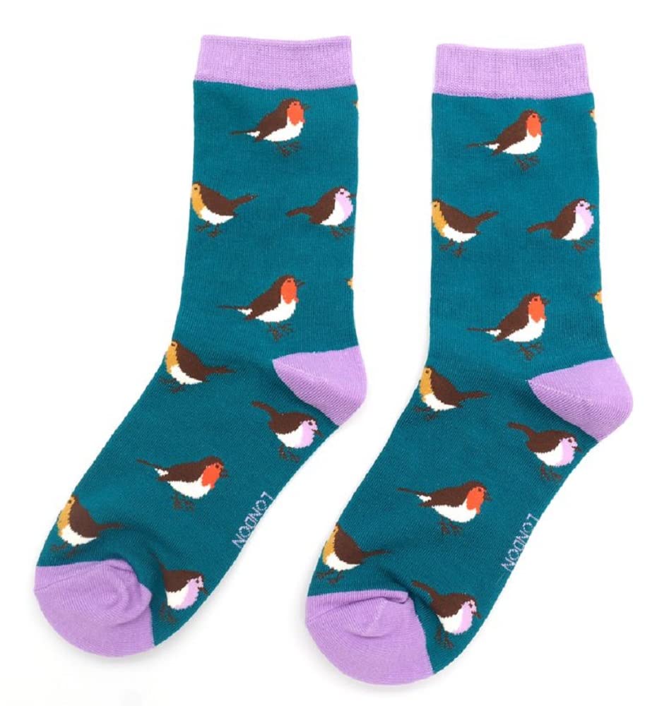 Lilyrosa Women's Teal Lilyrosa® Robin Birds Socks Robins Bird Girls Bamboo Mix Uk Size 3 To 7, Red Mustard Grey Green (Teal)
