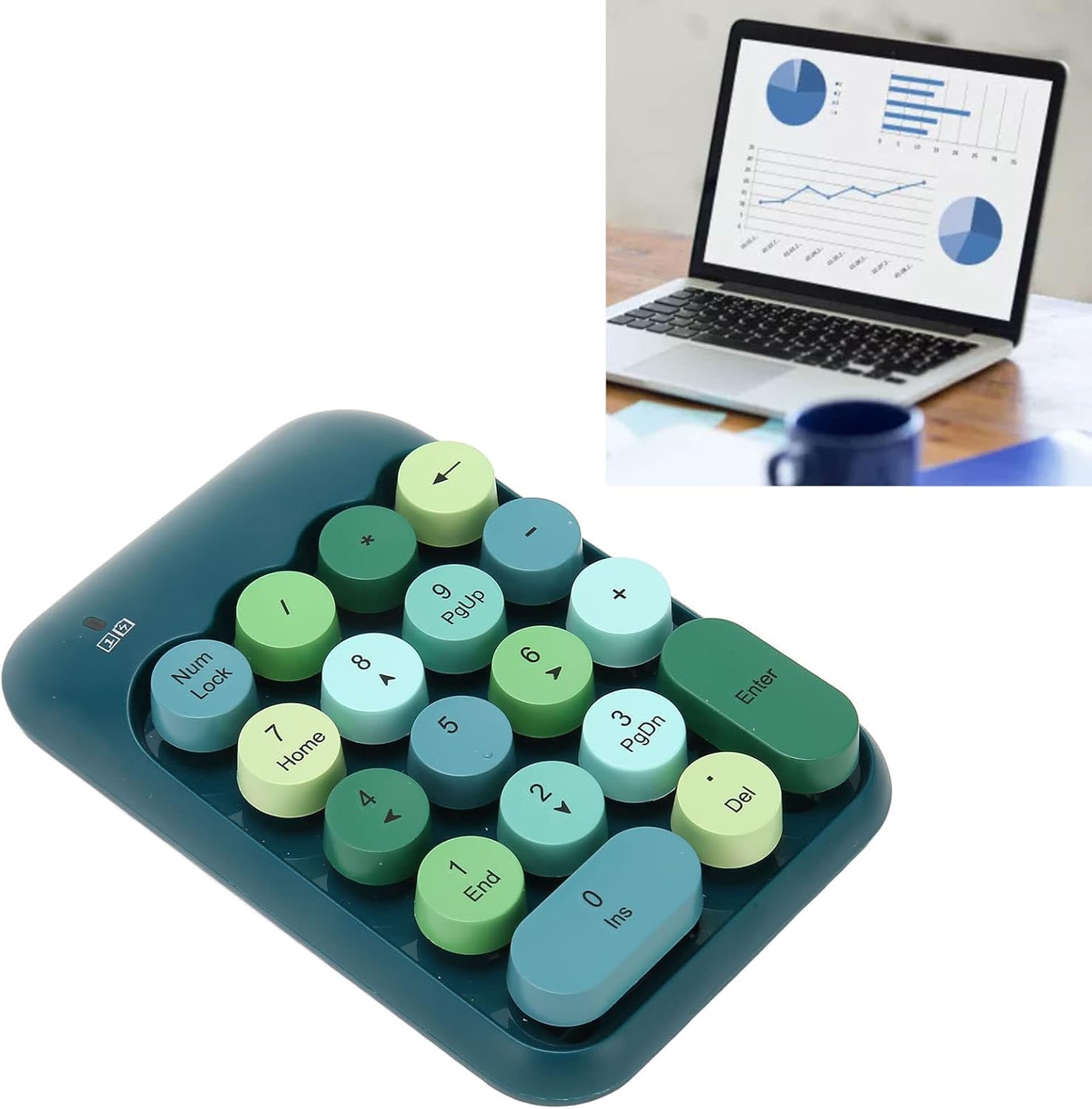 Retro Color 2.4GHz Numeric Keypad with USB Receiver for Laptop, Portable 18 Keys Wireless Number Pads Round Keycaps Auto Sleep Accounting Numpad Compatible with OS X (Dark Green Color)