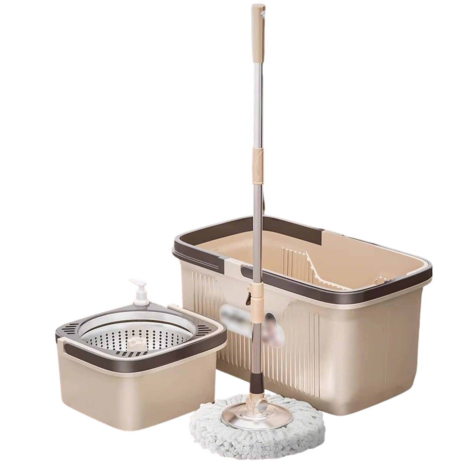 Juego de Cubo y fregona giratoria - Fregona giratoria y Cesta escurridora Interior Desmontable. 5 recambios de Cabezal de Microfibra para Limpieza de Suelos de Todas Las Superficies,Beige