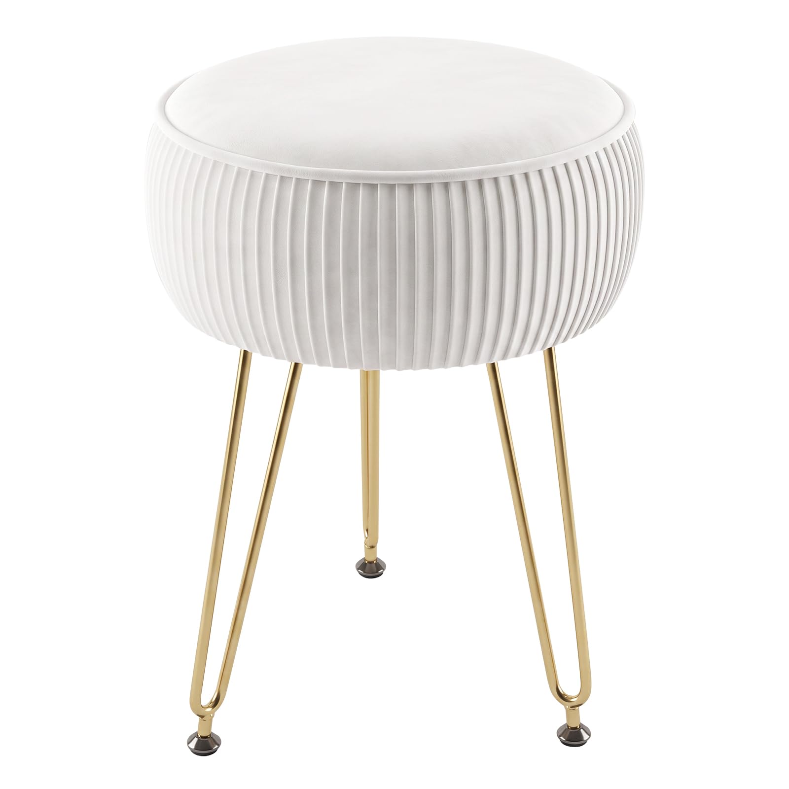 Panana Round Upholstered Ottoman, Vanity Stool with Gold Legs, White