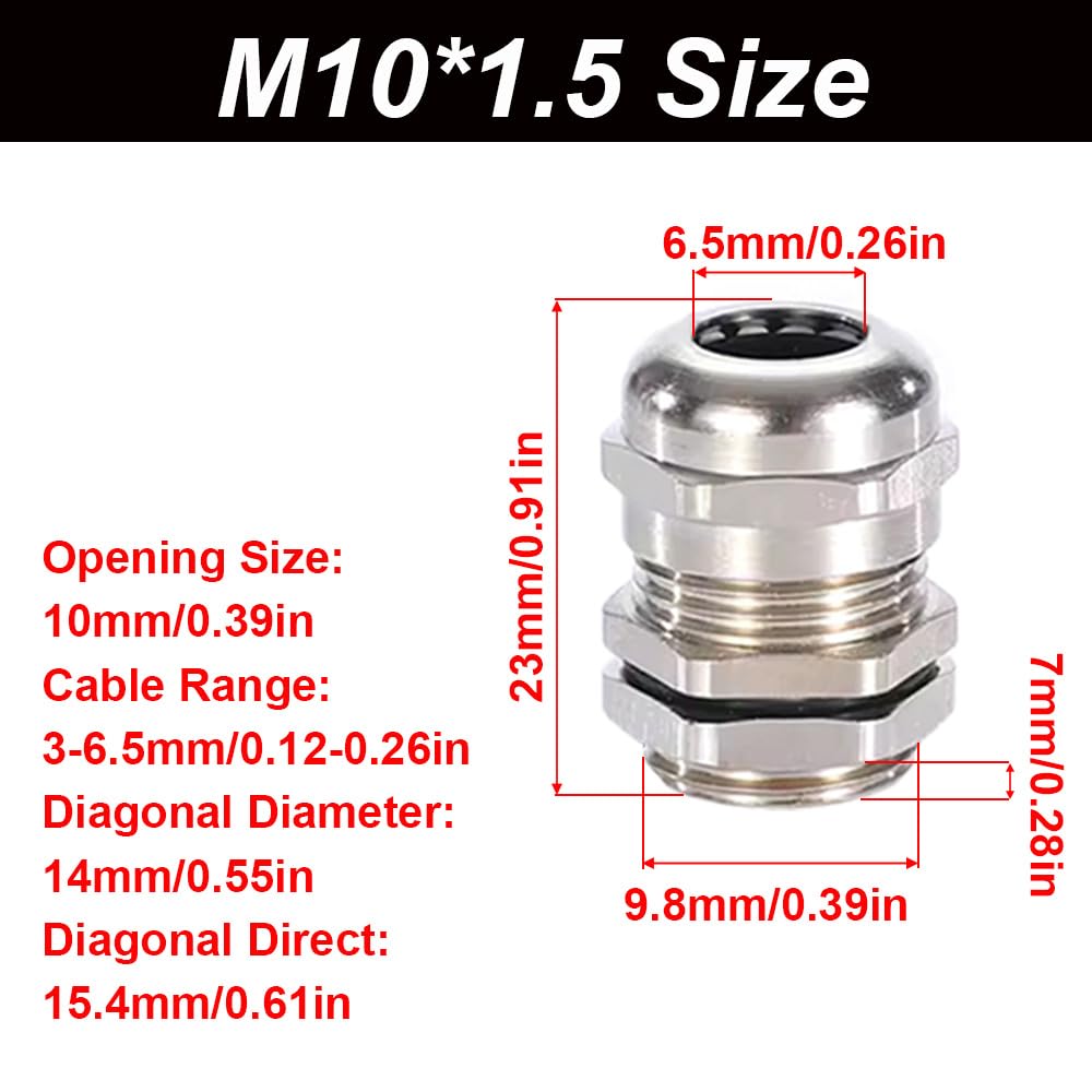 4 Pack Cable Glands, M10*1.5 Metal Waterproof Cable Glands Connector - Image 2