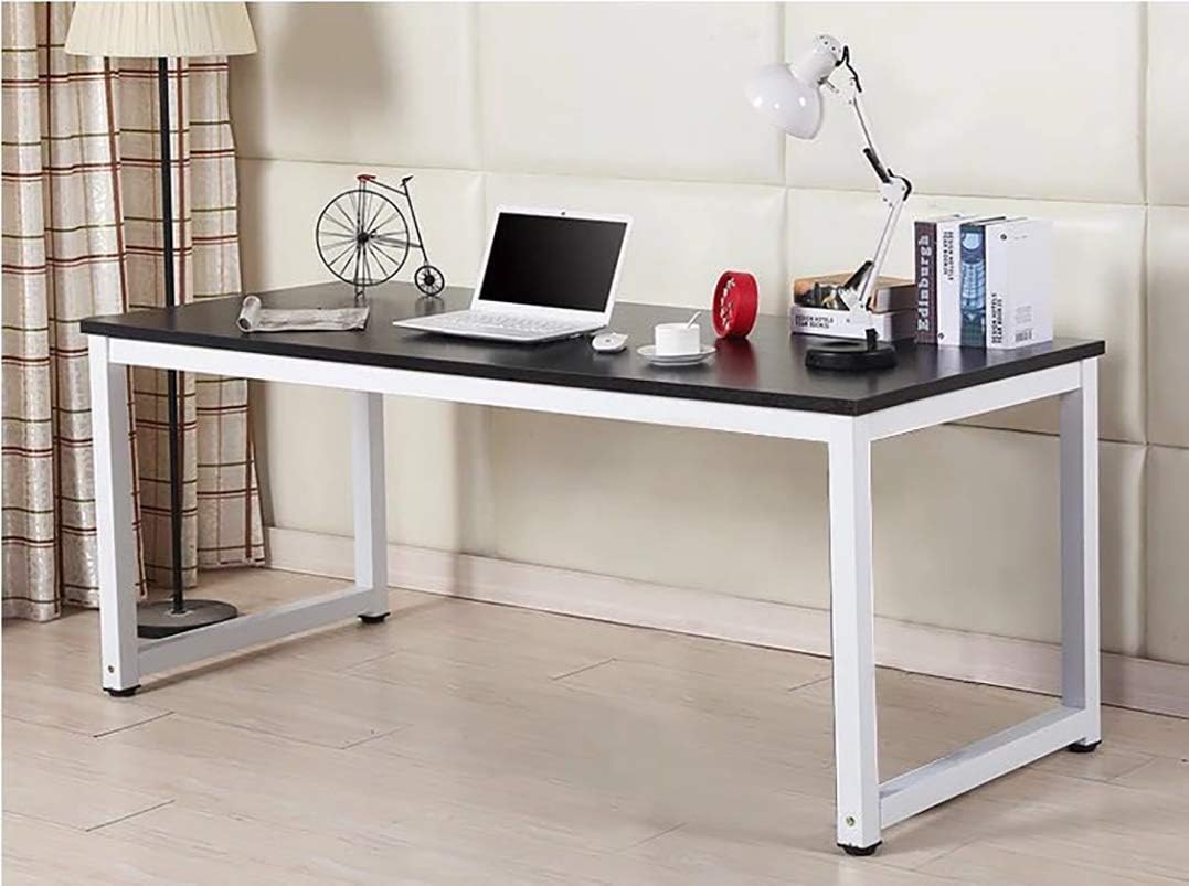 Home Office Desk, 63in Writing Desks Large Study Computer Table Workstation,Black Wooden Top+White Metal Leg