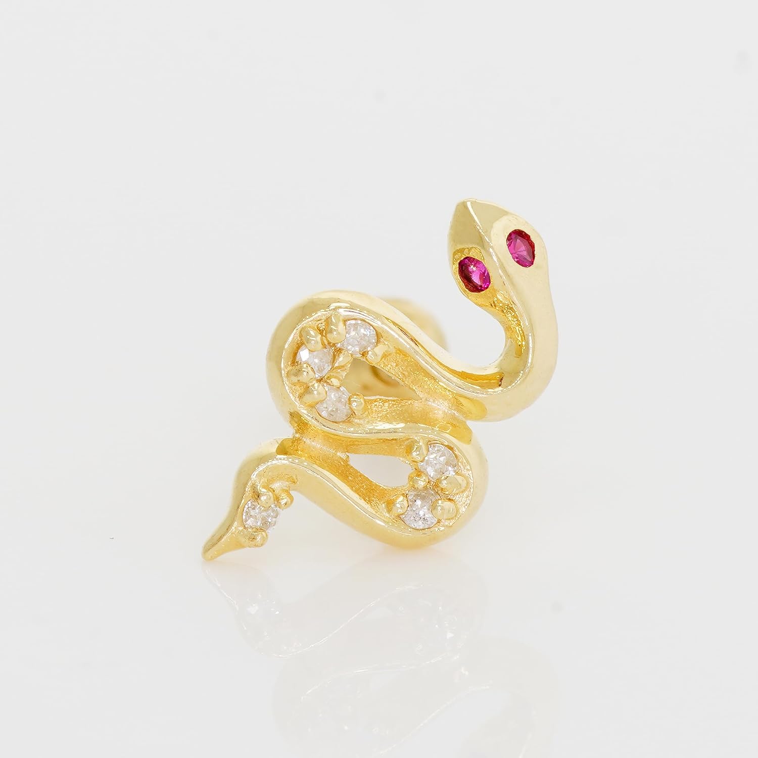 Anygolds 14K Solid Gold Diamond Ruby Snake Cartilage Piercing 18 Gauge - Dainty Helix Tragus Conch Rook Stud Earring - Screwback Body Jewelry (Single)
