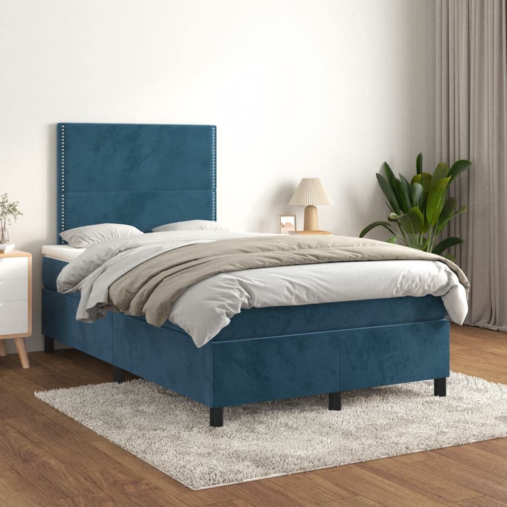 Ciemnoniebieskie łóżko kontynentalne z materacem 120 x 190 cm, aksamitny materiał, z regulacją wysokości, tapicerowane miejsce do spania dla spokojnego odpoczynku, zestaw mebli, stabilna rama