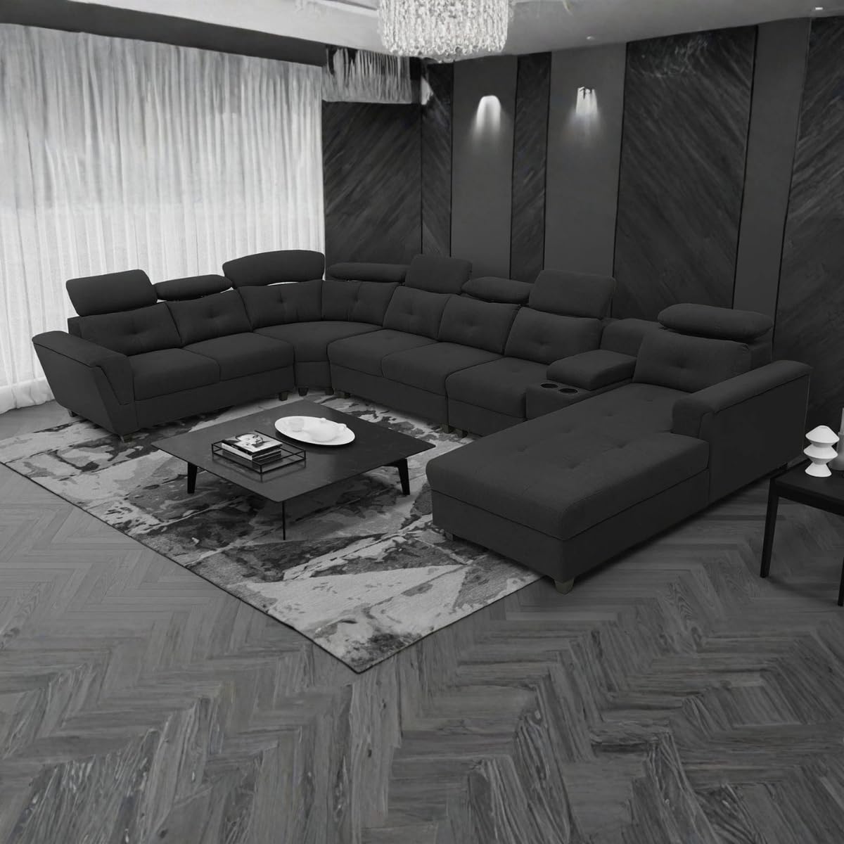 Torque Arnold 8 Seater Sofa with Lounger and Cup Holder Black | Corner Sofa Couch with Moveable Headrest | U Shape Sectional Sofa Set Living Room Office Home-image-46