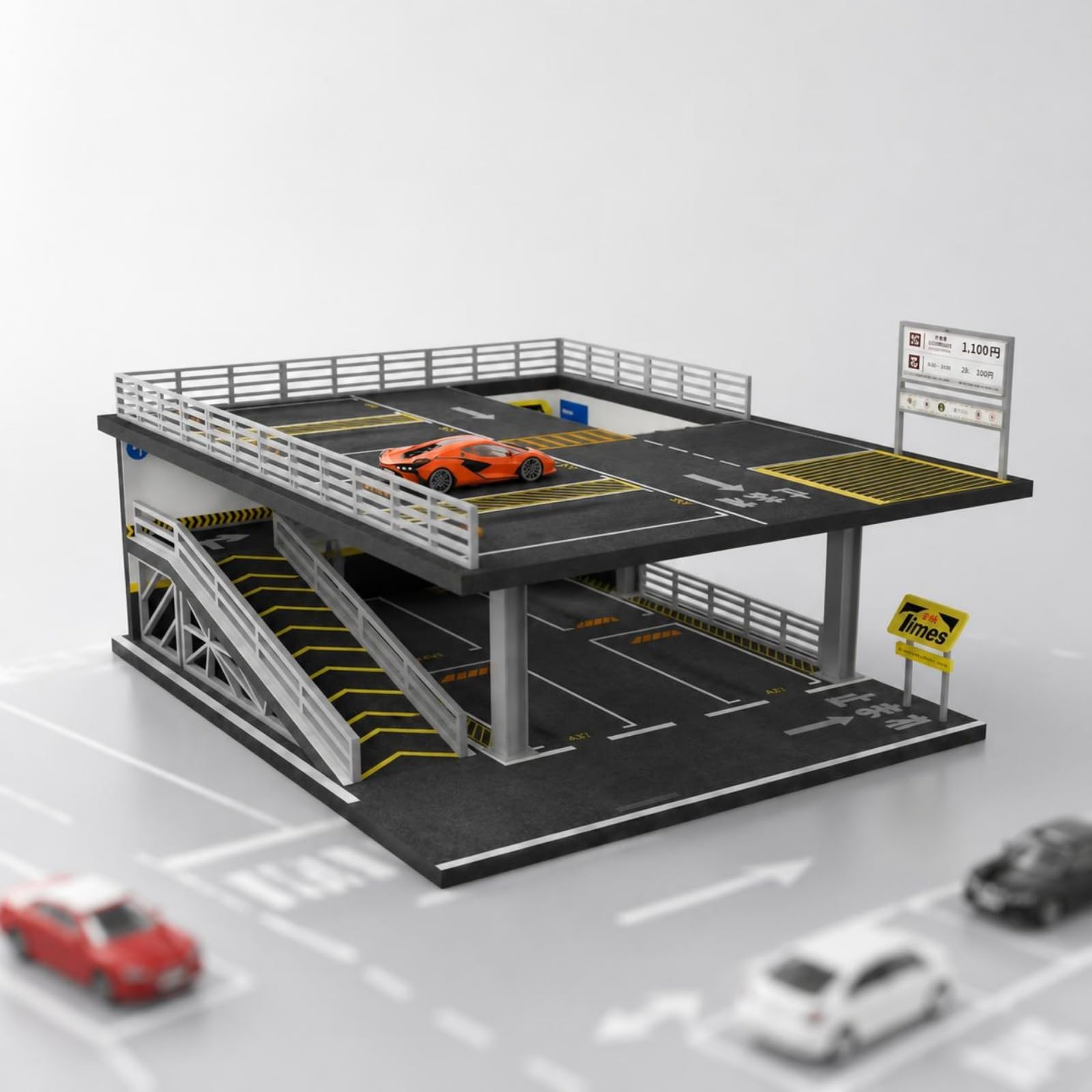 Parcheggio in Miniatura Modello Parcheggio Diorama Scatola Espositiva Doppio Livello con Struttura in Acciaio E Collegamento a Rampa Tracciature E, style to 1