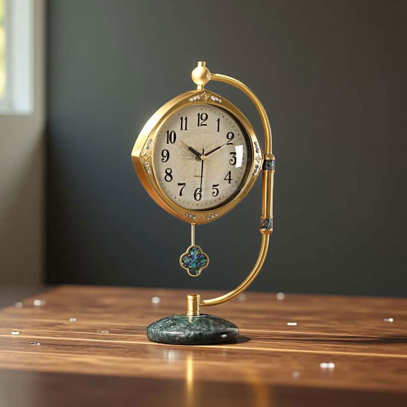 Luxuriöse Kaminuhr aus Messing - Leise Tischuhr mit Marmorsockel & Perlmutt-Inlay, Vintage Mechanisches Uhrwerk, Elegante Wohnkultur für Wohnzimmer