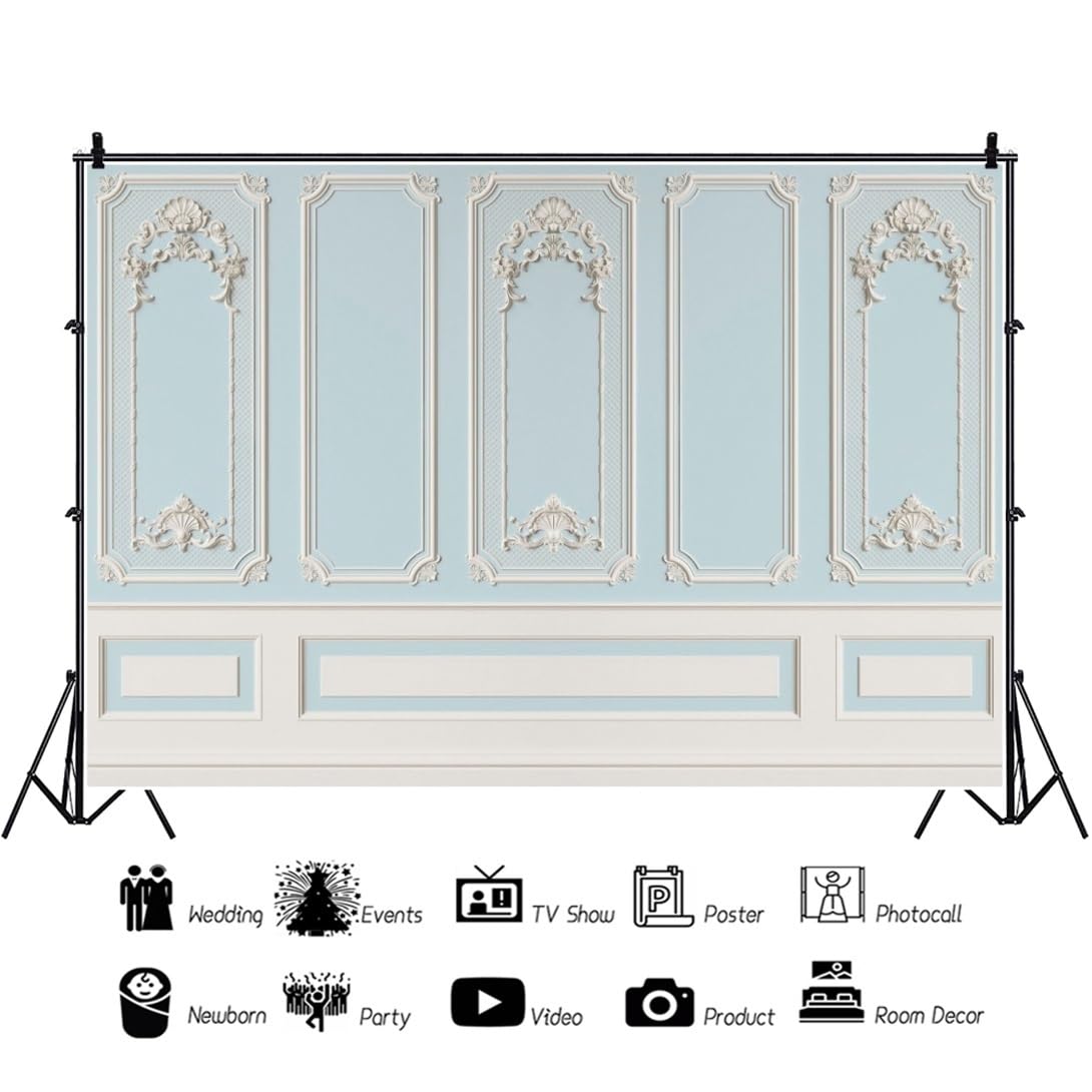 Leyiyi 12x10ft Blue White Vintage Room Inside Backdrop European Frame Modern House French Castle Cementery Wall Retro Style Photo Background Cowboy Kids Birthday Portrait Studio Props Vinyl Wallpaper