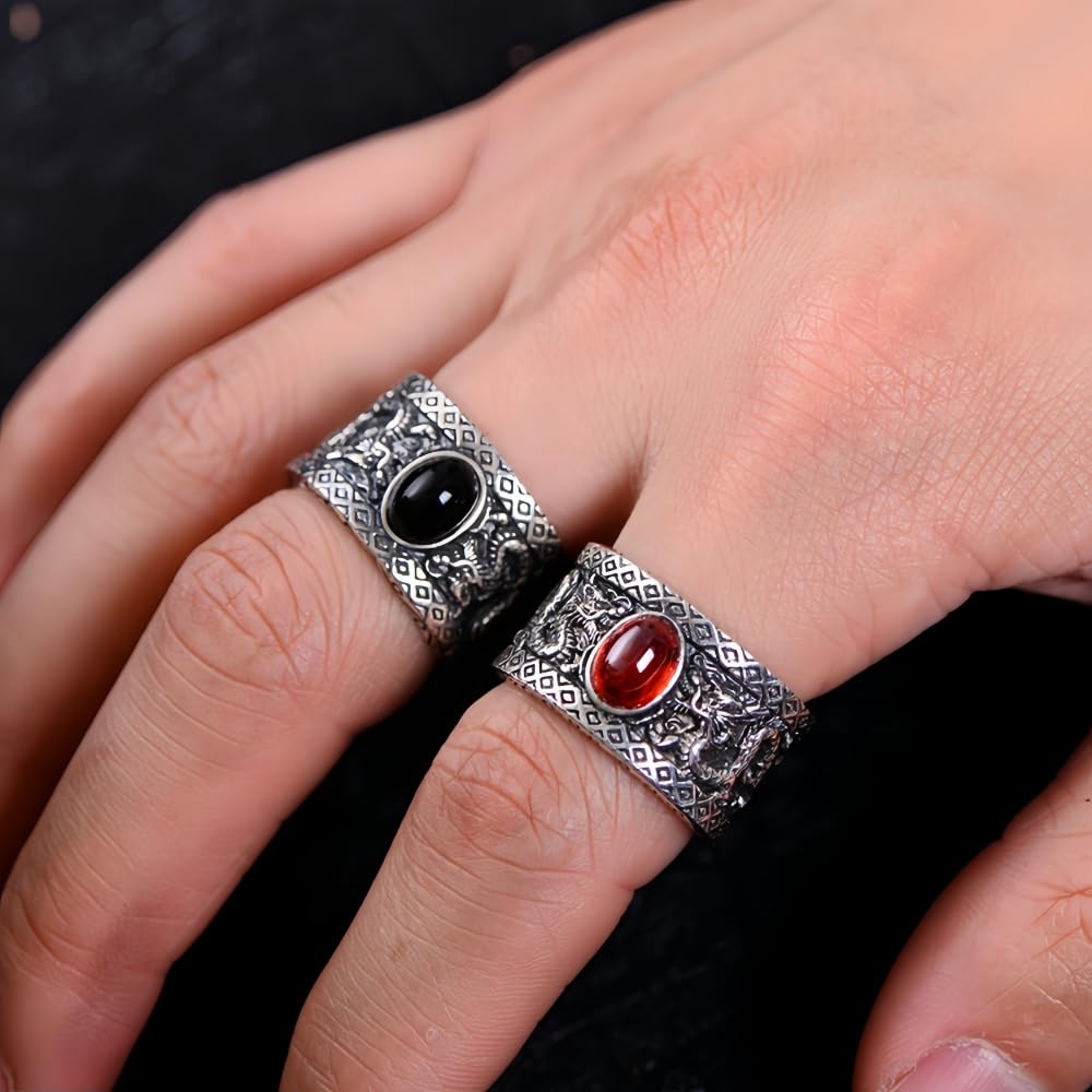 ForFox Anillo de dragón Chino Doble de Plata de Ley 925 Negro para Hombre Mujer tamaño 17-28
