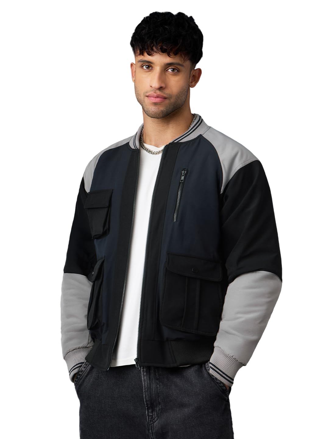 the souled store Midnight Edge: Men and Boys Full Sleeves Spread Collar Black and Grey Solid Polyester Regular Fit Lightweight Utility Pockets Bomber Jacket-picture-32