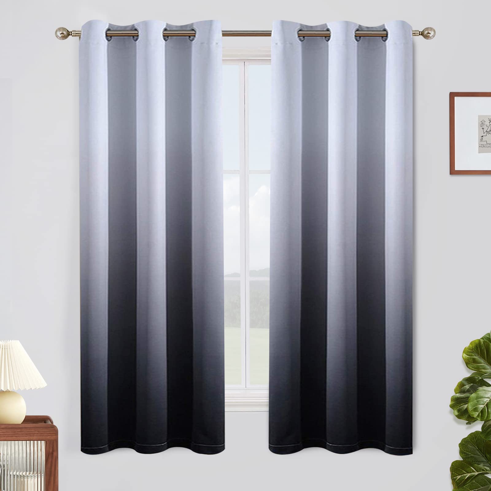 SimpleHome Ombre Curtains 42 x 63 Inch for Bedroom 2 Panels, Gradient Grey White to Black Light Blocking Thermal Insulated Grommet Room Darkening Window Curtain/Drapes for Living Room — image 1